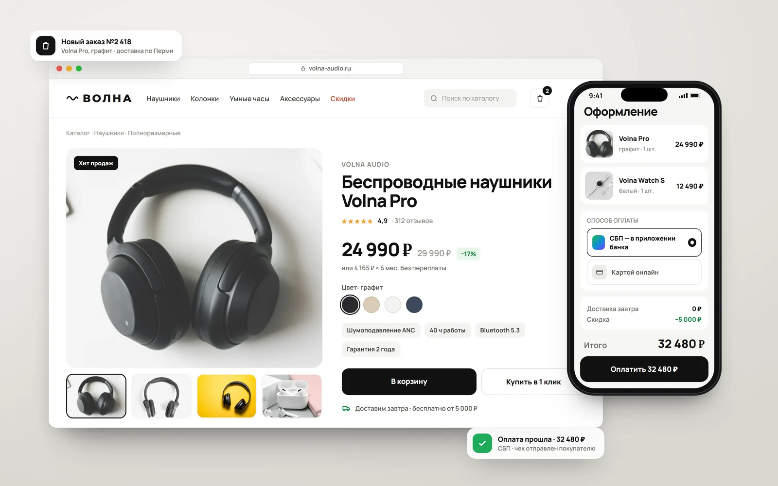 Интернет-магазин аудиотехники «Волна»: карточка наушников и оформление заказа с оплатой по СБП